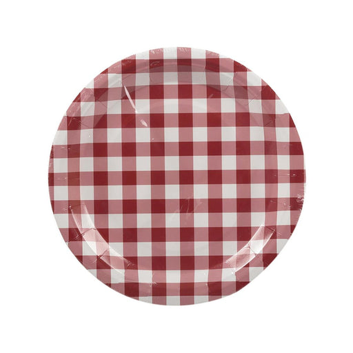 Red and white checkered paper plate on a white background
