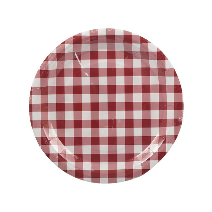Red and white checkered paper plate on a white background