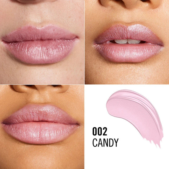Four-panel close-up of lips wearing a glossy pink lip product, alongside a pink product swatch and the text '002 CANDY'.