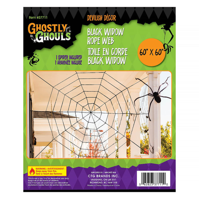 Front of retail packaging for a Ghostly & Ghouls Halloween decoration set, showing a black spider and black widow rope web kit, with product text including 'Black Widow Rope Web' and '60" x 60"'.