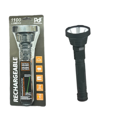 Black flashlight with packaging displaying product details on a white background