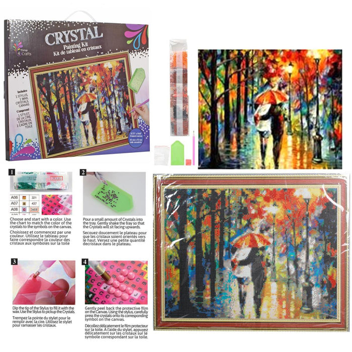 Crystal painting kit with packaging and completed artwork of a couple in an umbrella.
