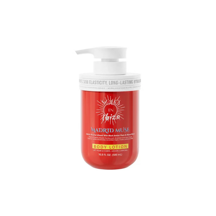 Red body lotion bottle with white pump on a white background