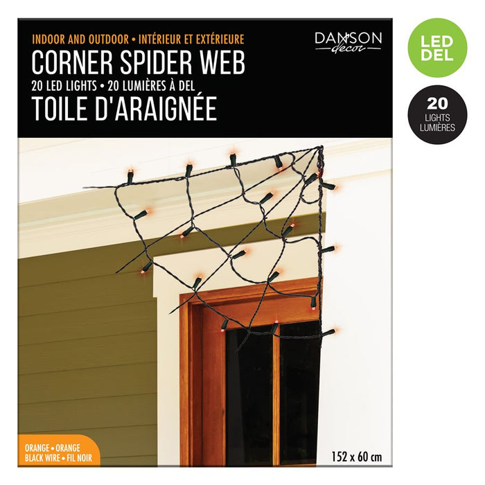 CORNER SPIDER WEB WITH 20 ORANGE LED LIGHTS 60CM X 152CM