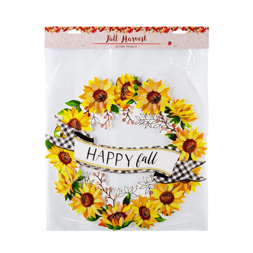 Sunflower autumn wreath sticker set in retail packaging, featuring yellow sunflowers, green leaves, a black-and-white gingham ribbon, and a white banner reading 'HAPPY fall'.
