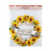 Sunflower autumn wreath sticker set in retail packaging, featuring yellow sunflowers, green leaves, a black-and-white gingham ribbon, and a white banner reading 'HAPPY fall'.