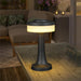 Black outdoor lamp on a wooden table with a blurred background
