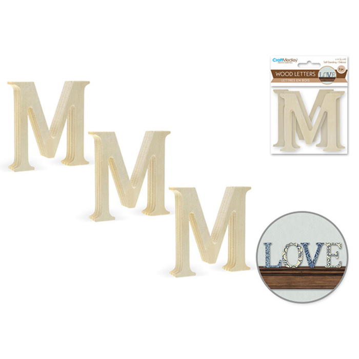 Set of wooden letters 'M' with packaging and a decorative use example on a white background.