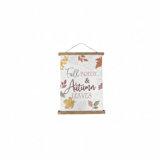 A hanging wall sign with a wooden top and bottom bar, featuring the phrase 'Fall Breeze & Autumn Leaves' in decorative script and illustrated autumn leaves on a white background.