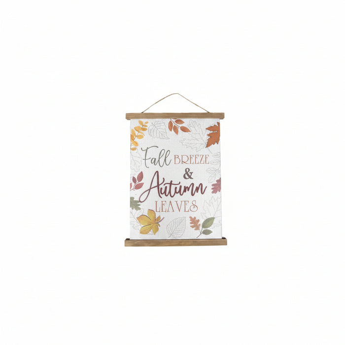 A hanging wall sign with a wooden top and bottom bar, featuring the phrase 'Fall Breeze & Autumn Leaves' in decorative script and illustrated autumn leaves on a white background.