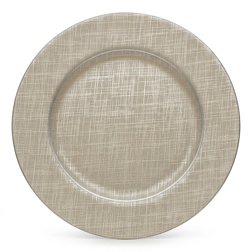 An oval ceramic plate with a textured, woven linen-like pattern in a light beige color, shown on a plain white background.