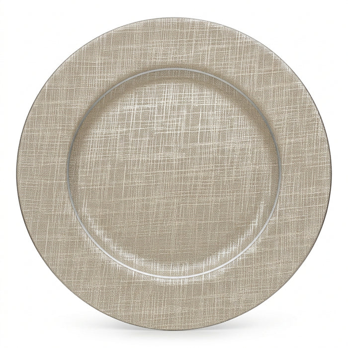 An oval ceramic plate with a textured, woven linen-like pattern in a light beige color, shown on a plain white background.
