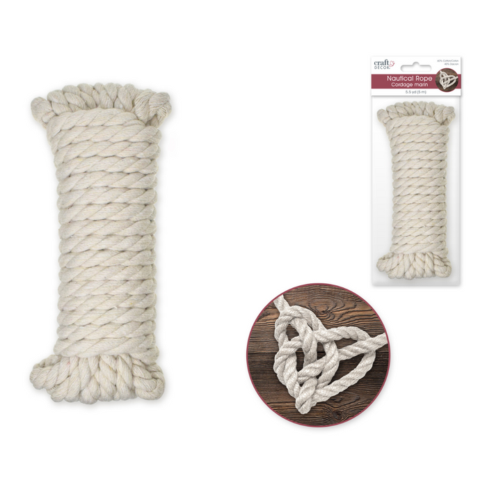 Chunky cream-colored cotton nautical rope wrapped tightly in a skein, with retail packaging and an inset showing it knotted into a heart on a rustic wood surface.