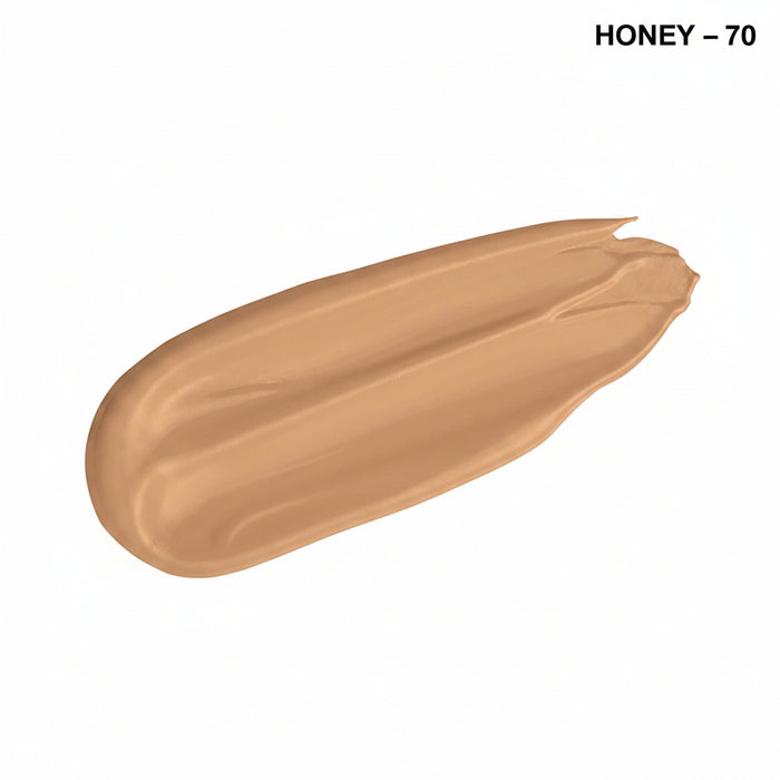 A textured swatch of liquid foundation in a warm honey shade, shown on a plain white background with the text 'HONEY - 70' in the top right corner.