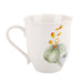 A white ceramic coffee mug featuring a botanical illustration of a green pumpkin with orange stems and a white flower on the side, set against a plain white background.