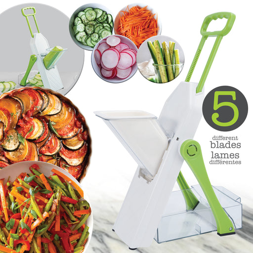 Vegetable slicer with five different blades and sliced vegetables on a white background