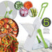 Vegetable slicer with five different blades and sliced vegetables on a white background
