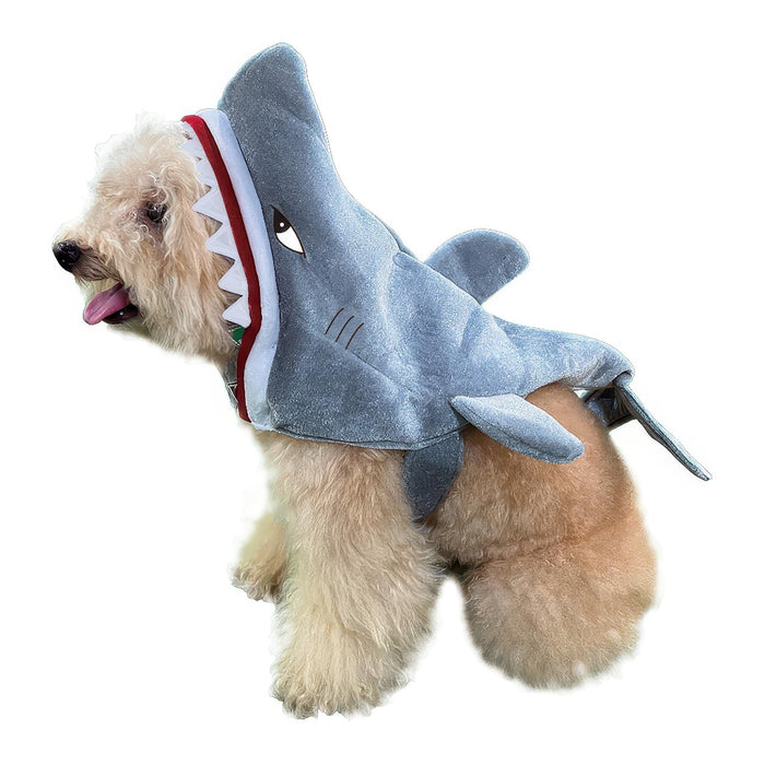 A small fluffy dog wearing a plush shark costume, isolated on a solid white background.
