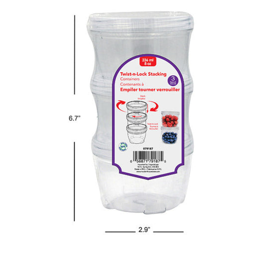 Clear plastic container with a purple label on a white background
