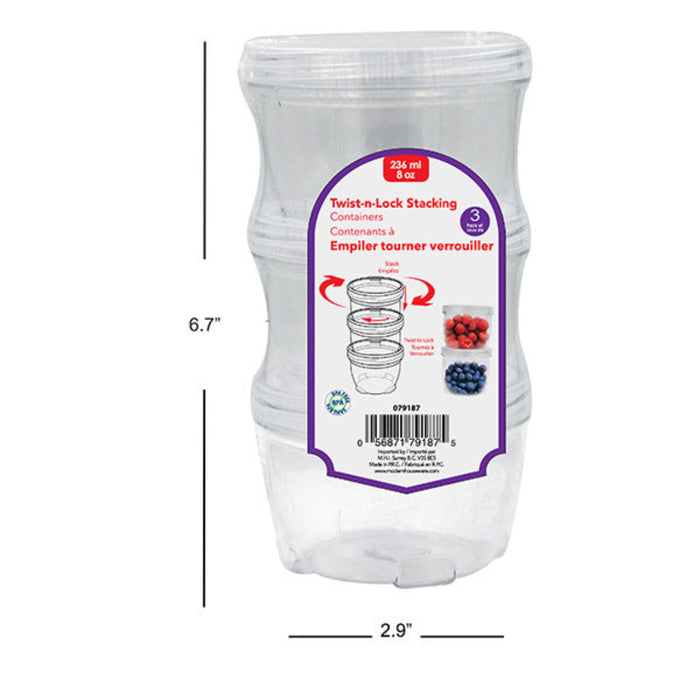 Clear plastic container with a purple label on a white background