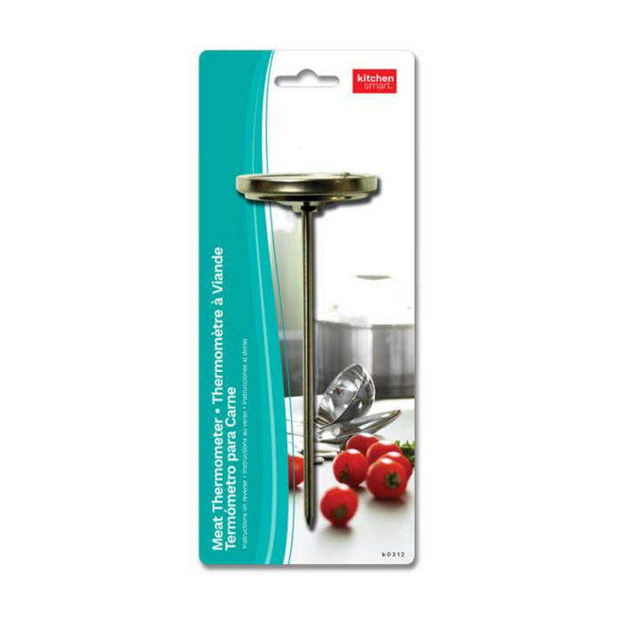 Packaging of a meat thermometer with a kitchen background on a white card.