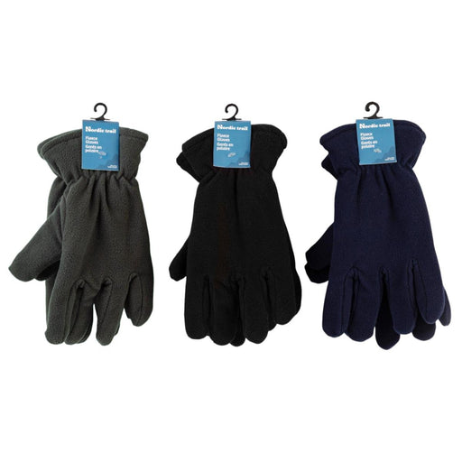 Three pairs of gloves in black and navy on hangers with tags against a white background.