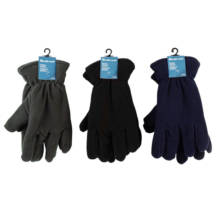 Three pairs of gloves in black and navy on hangers with tags against a white background.