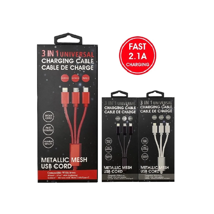 Packaging of a 3-in-1 universal charging cable with metallic mesh USB cord on a white background.