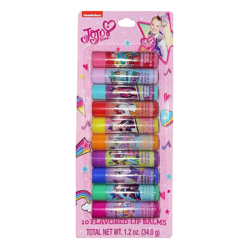 Pack of JoJo Siwa lip balms with colorful packaging on a white background