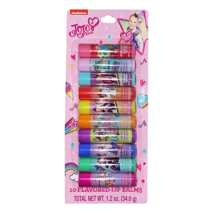 Pack of JoJo Siwa lip balms with colorful packaging on a white background