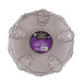 A Halloween-themed plastic serving platter shaped like a skull with decorative skull and bone motifs around the rim, featuring a purple and black center label.