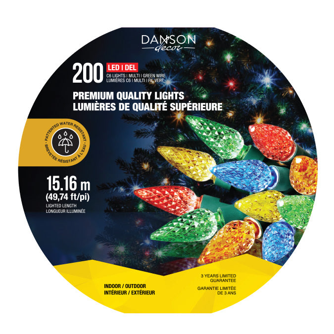 200 FACETTED C6 INDOOR/OUTDOOR LED LIGHT WHEEL GREEN WIRE MULTI