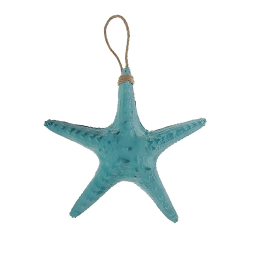 Turquoise textured starfish decoration with jute hanging loop.