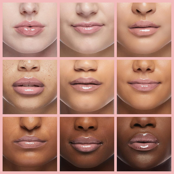 Collage of different skin tones with a pink lip color on a pink background