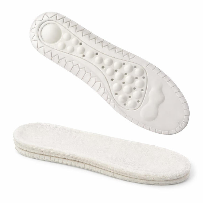 A pair of white insoles, with one shown from the top displaying textured massage and arch support bumps, and the other shown from the bottom as a soft, plush fleece-like layer.