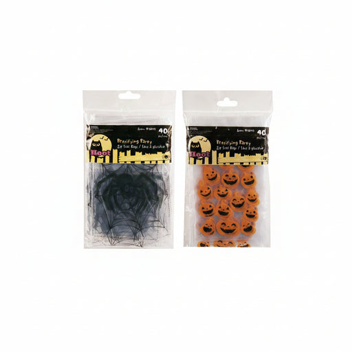 Two packages of Halloween pet training accessories side by side on a white background. The left package contains 40 black plastic zip seal bags shaped like spiderwebs, and the right package contains 40 orange plastic zip seal bags shaped like jack-o'-lanterns.