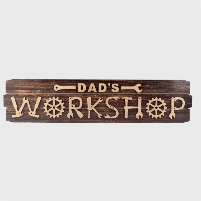 Wooden sign with 'Dad's Workshop' text and mechanical symbols on a white background