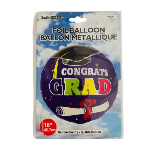 Foil balloon packaging with 'Congrats Grad' text against a blue sky background