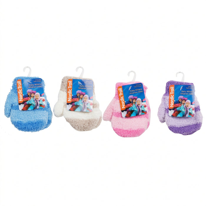 Four pairs of fuzzy baby mittens in blue, beige, pink, and purple, each with its retail packaging card, displayed side-by-side on a white background.