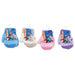 Four pairs of fuzzy baby mittens in blue, beige, pink, and purple, each with its retail packaging card, displayed side-by-side on a white background.