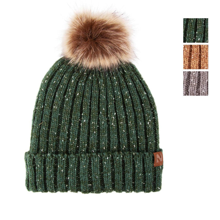 A dark green ribbed knit beanie with a fluffy brown and beige faux-fur pom-pom on top and a small brown leather brand tab on the cuff. Three color swatches are shown in the upper right corner against a white background.