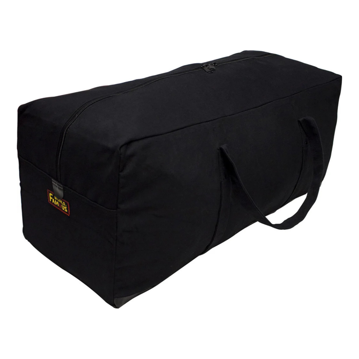 Black duffel bag with a visible brand logo on a white background