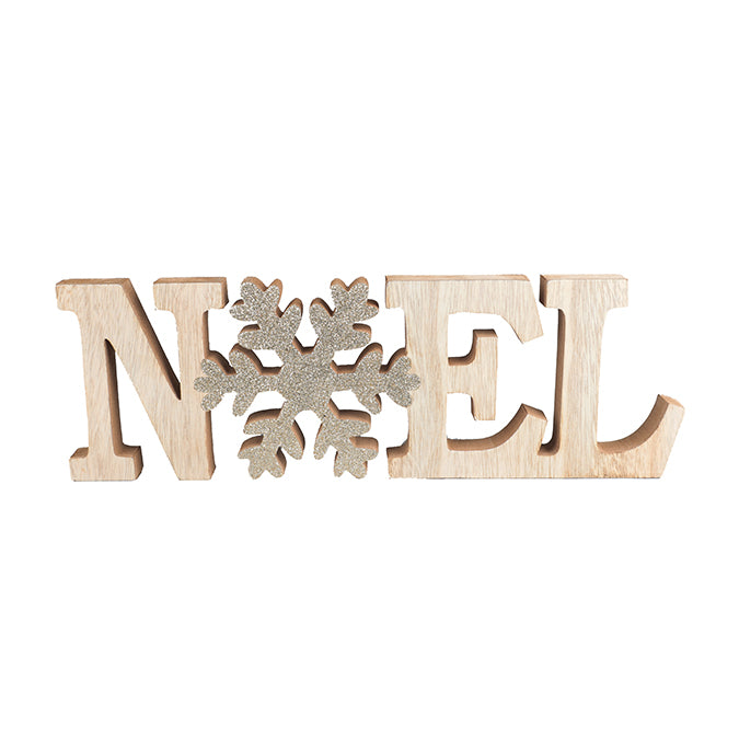 WOOD NOEL SIGN WITH GLITTERED SNOWFLAKE NATURAL/GOLD