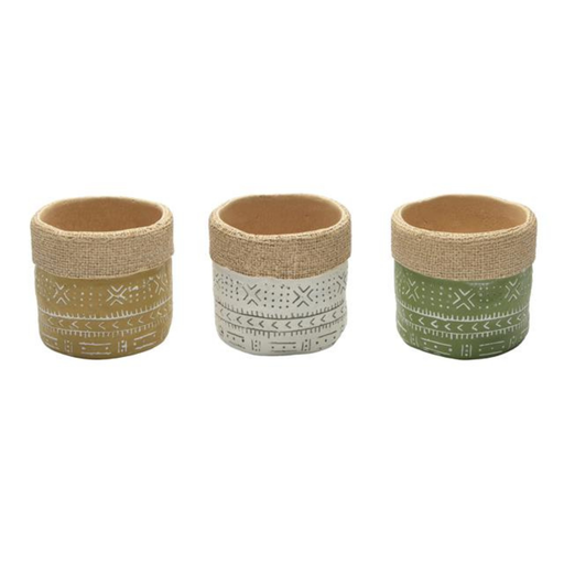 Three decorative pots with patterned designs on a white background