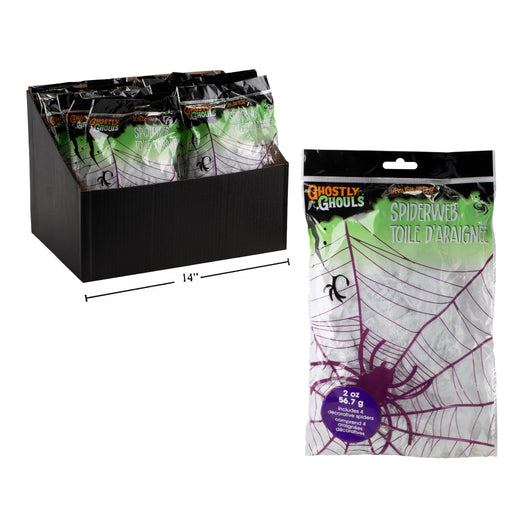 A display box filled with Ghostly Ghouls Spiderwebs packaging, shown next to a single packaged unit on a white background. The display box is labeled 14 inches by dimension lines.