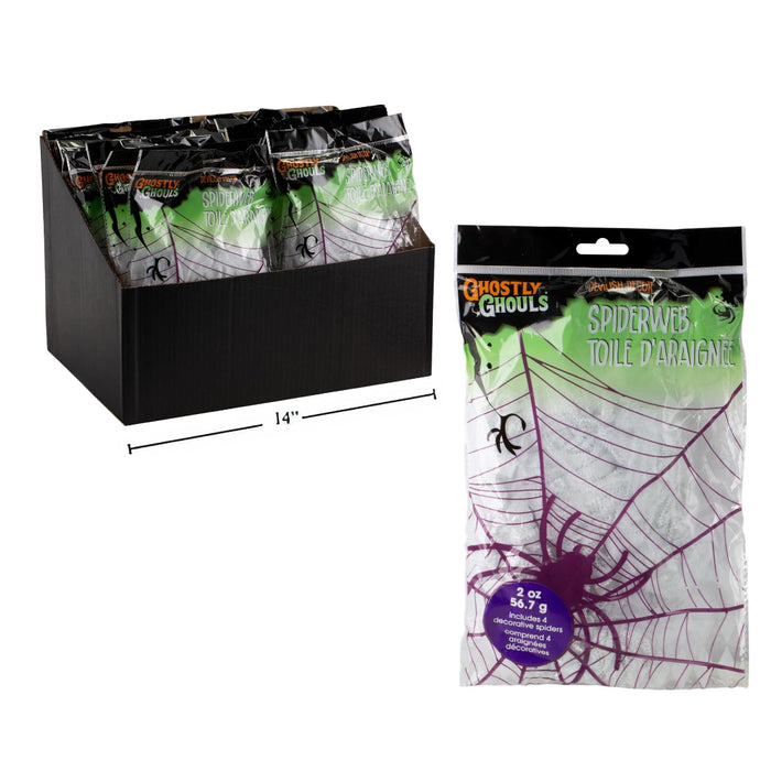 A display box filled with Ghostly Ghouls Spiderwebs packaging, shown next to a single packaged unit on a white background. The display box is labeled 14 inches by dimension lines.