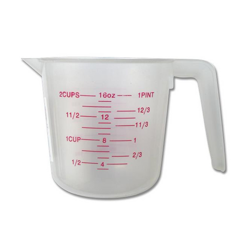 White measuring cup with red measurement markings on a white background