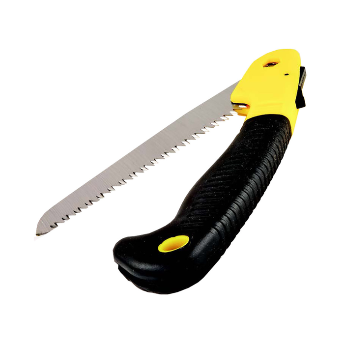 Handheld saw with black handle and yellow accents on a white background