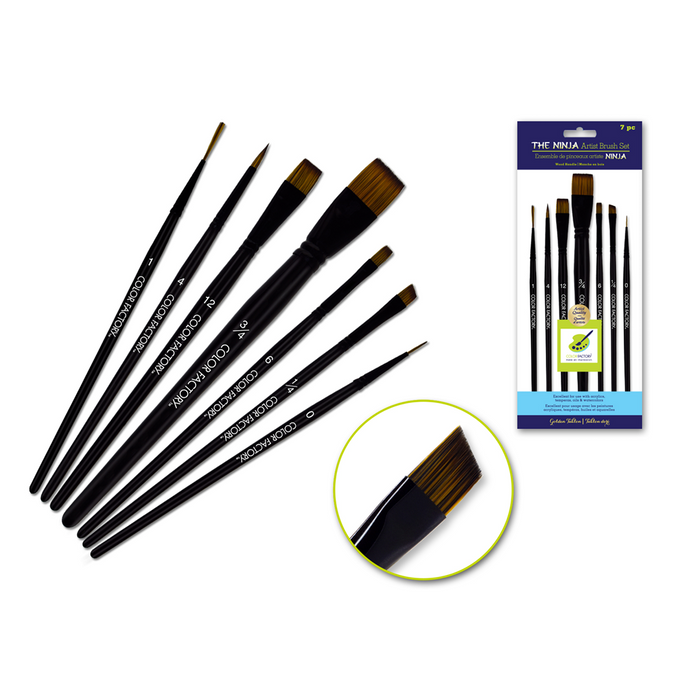 7-piece black artist brush set labeled "The Ninja" with nylon bristles and wooden handles in assorted tip styles; shown loose, in retail packaging, and close-up of flat angled bristles.