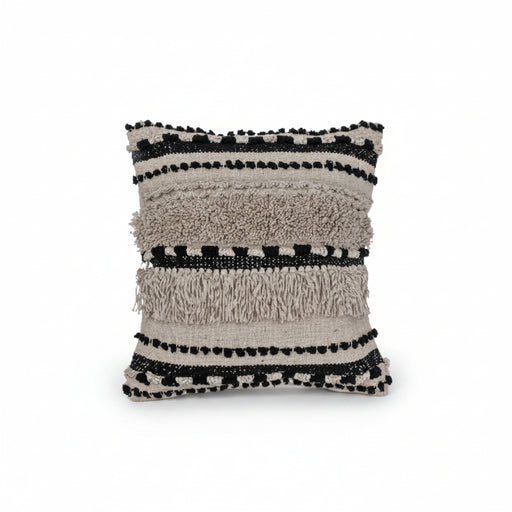 A square decorative throw pillow with a textured, woven horizontal striped pattern in beige, cream, and black, featuring fringe details on the sides.